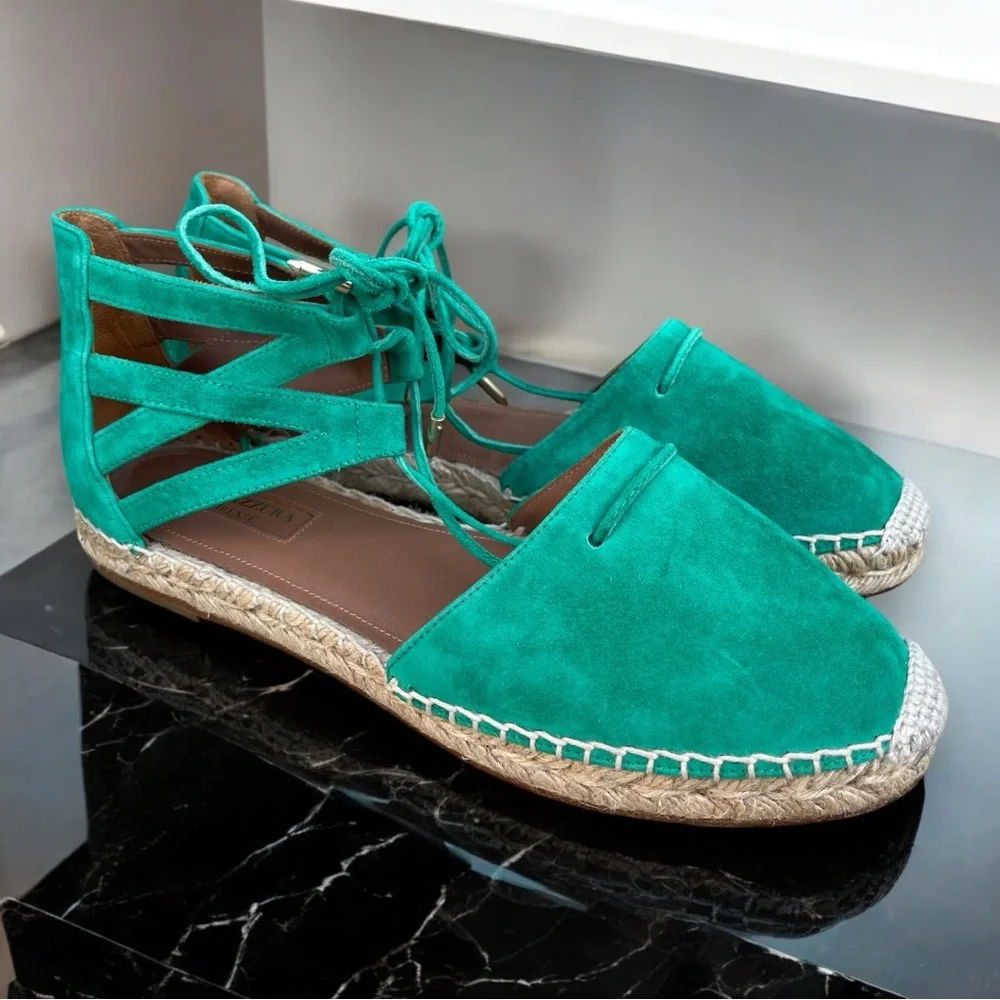 Aquazzura Firenze Green Suede Leather Belgravia Espadrilles Flat Sandals